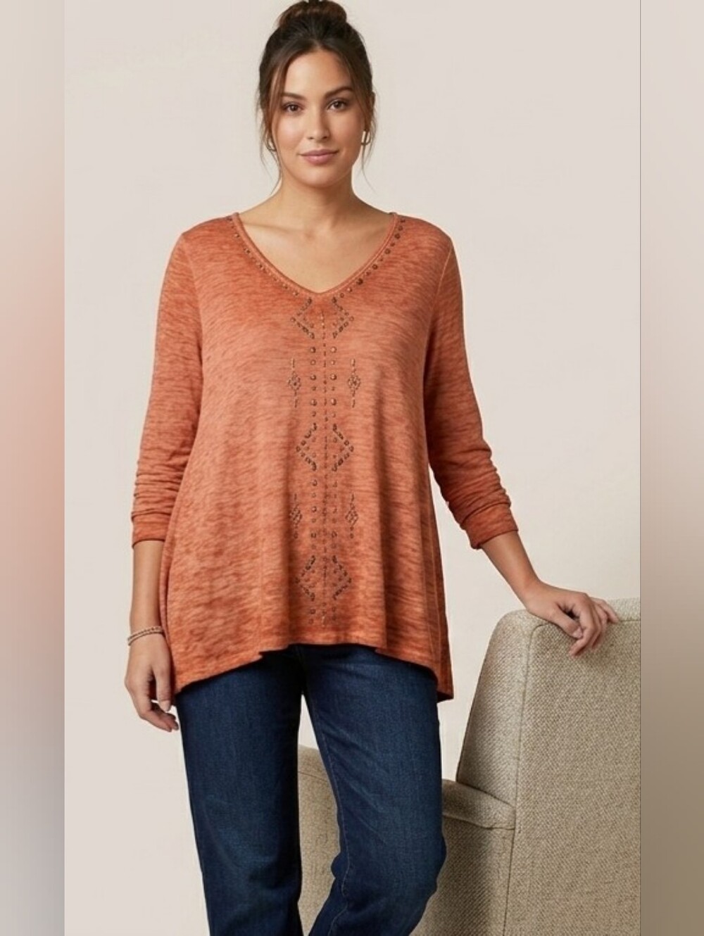 New Directions 100% Cotton Hi-Low Tunic Top Studded Burnout Terracotta Large